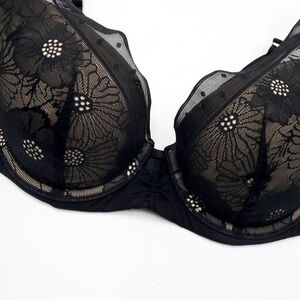 Aerie Real Power Plunge Push Up Bra Black Floral Lace Size 34B Racer Back Sexy